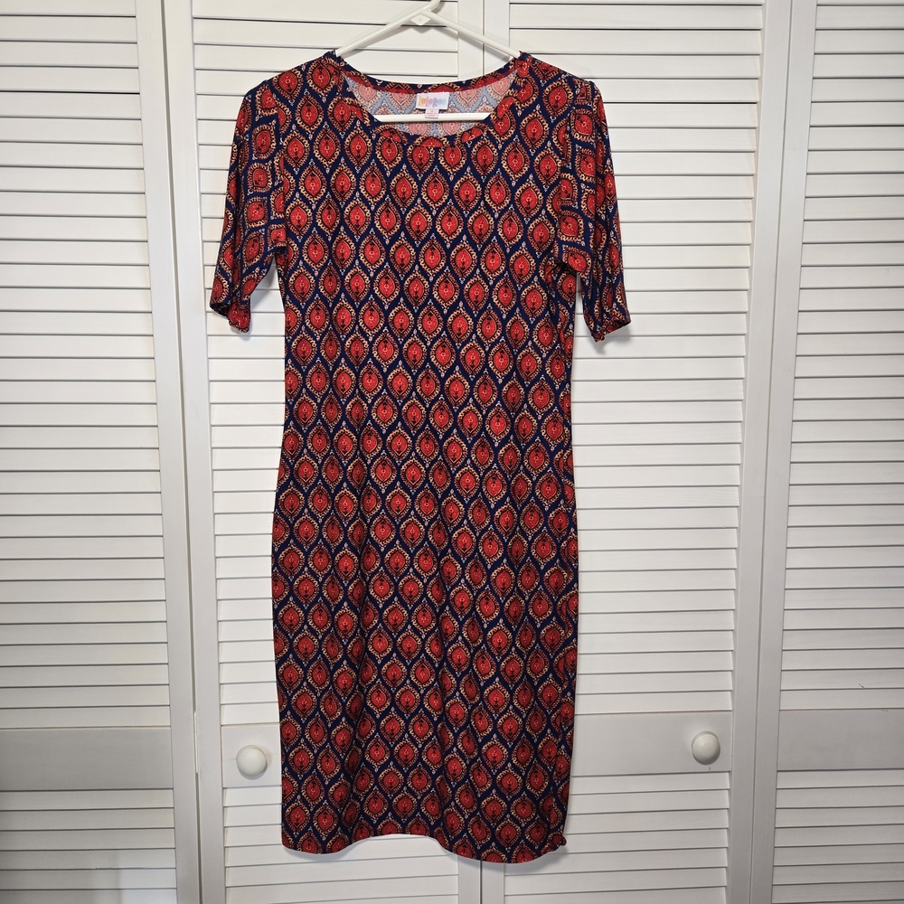 Lularoe LEGGING MATERIAL SOFT Julia Size Small Red Navy Gold Fitted Pencil Dress